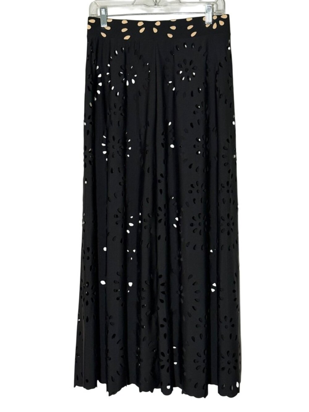 Laser-Cut Black Maxi Skirt Floral Pattern Contrast Waist One Size Swim Cover Up